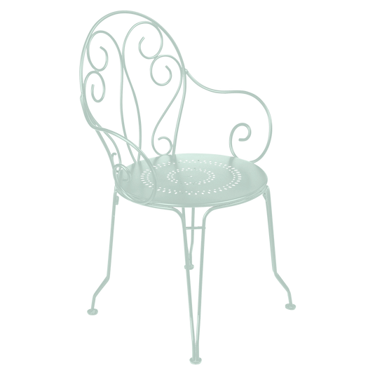 Fermob Montmartre Armchair in Ice Mint – stackable steel bistro garden armchair with scrollwork
