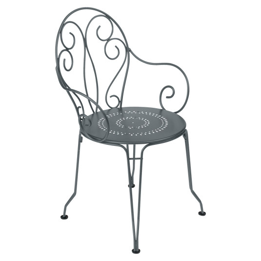 Fermob Montmartre Armchair in Storm Grey – stackable steel bistro garden armchair with scrollwork