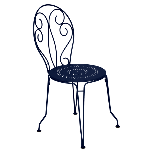 Fermob Montmartre Chair in Deep Blue – stackable steel bistro garden chair with scrollwork back