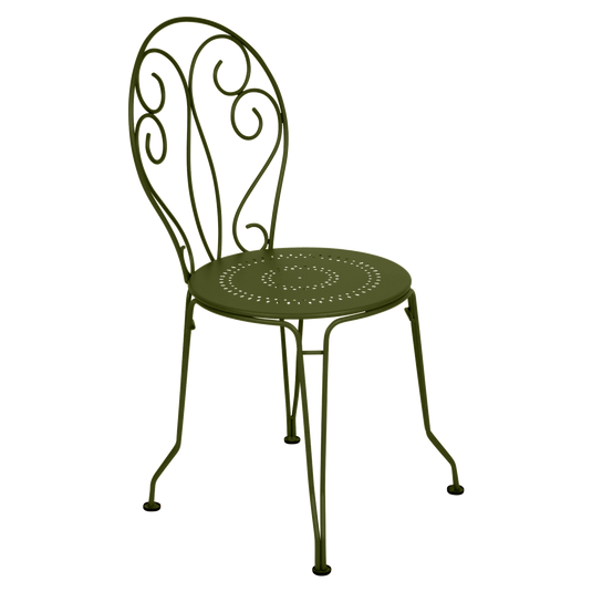 Fermob Montmartre Chair in Pesto Green – stackable steel bistro garden chair with scrollwork back