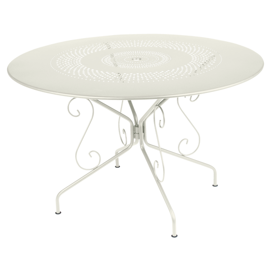 Fermob Montmartre Table Ø117 cm in Clay Grey – large round perforated steel garden table Ø 117 cm