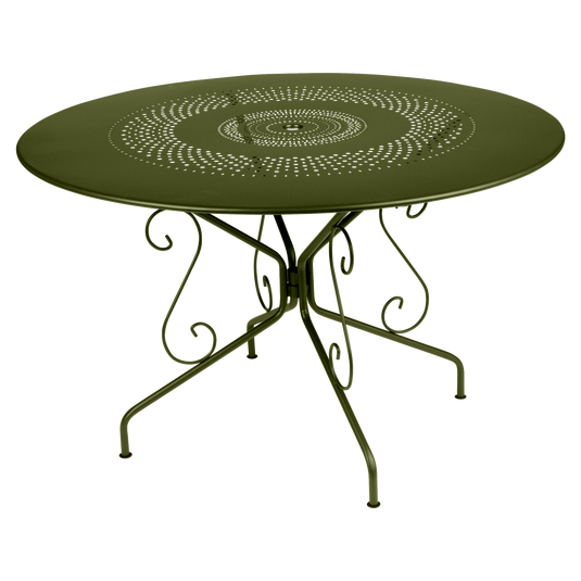 Fermob Montmartre Table Ø117 cm in Pesto Green – large round perforated steel garden table Ø 117 cm