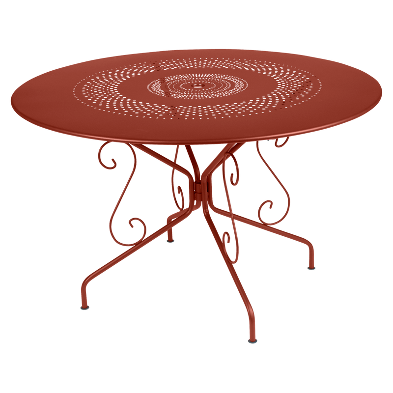 Load image into Gallery viewer, Fermob Montmartre Table Ø117 cm in Red Ochre – large round perforated steel garden table Ø 117 cm
