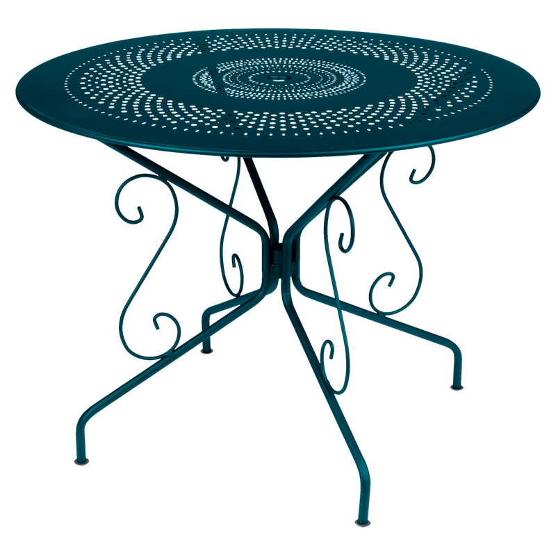 Load image into Gallery viewer, Fermob Montmartre Table Ø96 cm in Acapulco Blue – round perforated steel garden table Ø 96 cm
