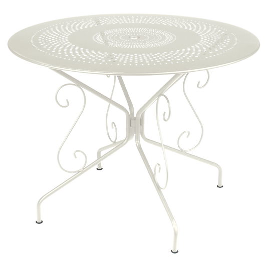 Fermob Montmartre Table Ø96 cm in Clay Grey – round perforated steel garden table Ø 96 cm