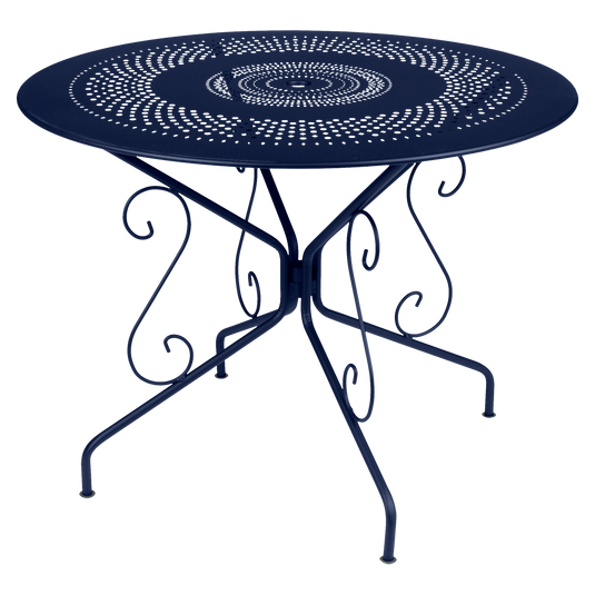 Fermob Montmartre Table Ø96 cm in Deep Blue – round perforated steel garden table Ø 96 cm