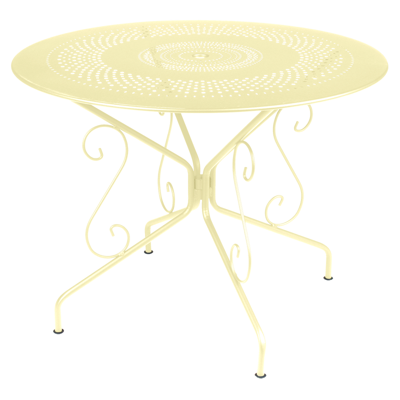 Load image into Gallery viewer, Fermob Montmartre Table Ø96 cm in Frosted Lemon – round perforated steel garden table Ø 96 cm
