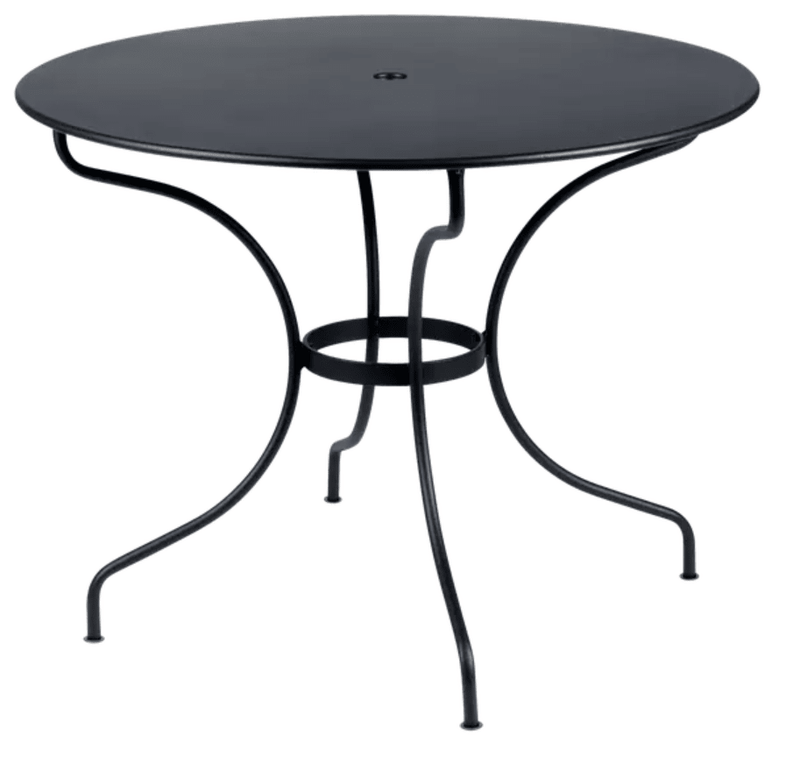 Load image into Gallery viewer, Fermob OPÉRA+ outdoor metal table with a 96 cm diameter in antracite, designed for five-seater patio dining.
