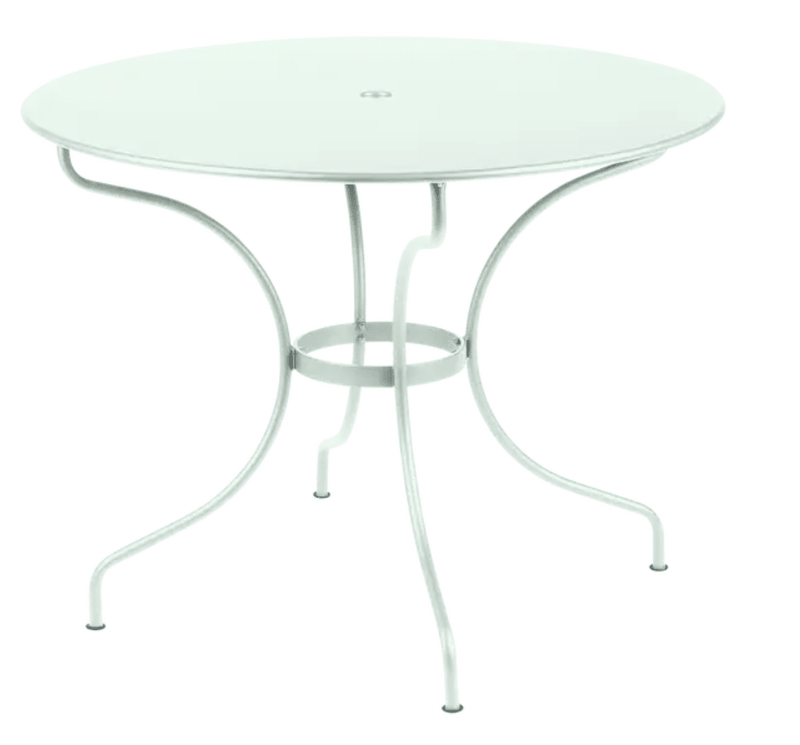 Load image into Gallery viewer, Fermob OPÉRA+ outdoor metal table in Ice Mint, 96 cm diameter, ideal for five-seater patio dining.
