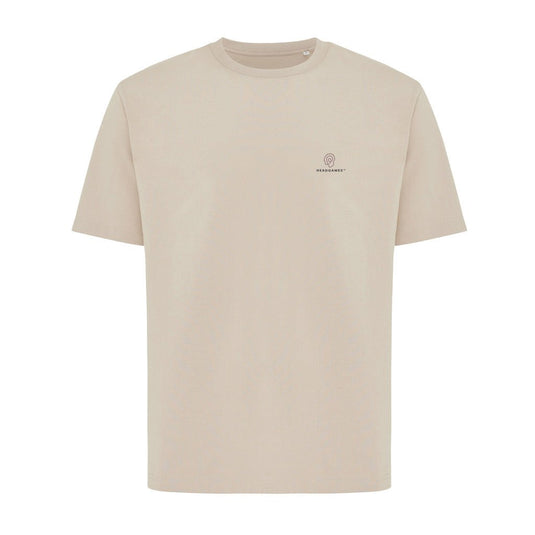 Nikko heavyweight recycled cotton T-shirt by iqoniq, shown in a fitness gift box with custom wood design, ideal for sustainable activewear.