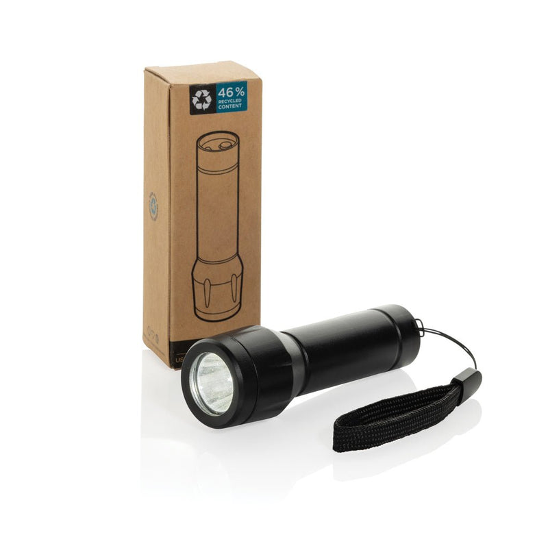 Load image into Gallery viewer, XD Collection Flara RSC recycled plastic USB rechargeable torch with custom wood design, black tool and torch image.
