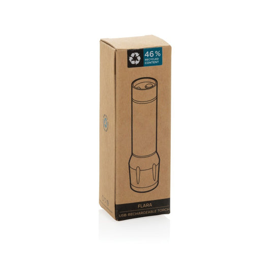 XD Collection Flara RSC recycled plastic USB rechargeable torch with custom wood design, compact tools and torch for outdoor use.