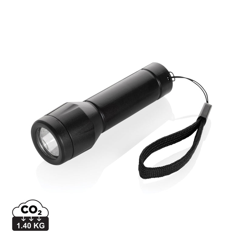 Load image into Gallery viewer, XD Collection Flara RSC recycled plastic USB rechargeable torch with custom wood design, black tool and torch for outdoor use.
