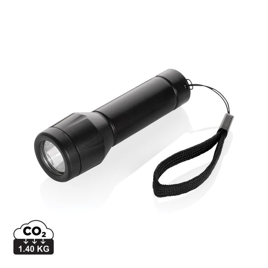XD Collection Flara RSC recycled plastic USB rechargeable torch with custom wood design, black tool and torch for outdoor use.