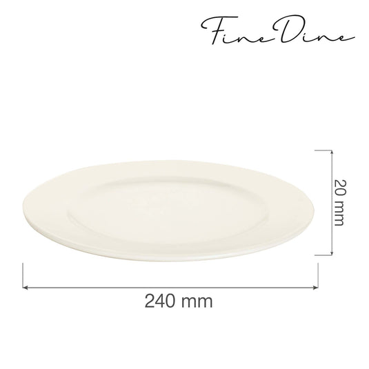 Fine Dine Crema flat plate, 240mm shallow ceramic plate with smooth edges and glossy finish, ideal for serving appetizers or desserts.