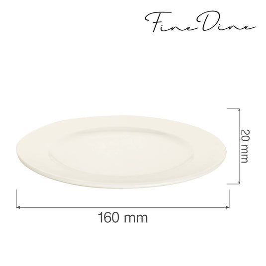 Fine Dine Crema flat shallow plate, 160mm, with smooth white ceramic finish, ideal for serving appetizers or desserts.