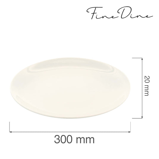 Round 300mm rimless plate from Fine Dine, smooth ceramic surface, simple design, perfect for serving or dining.