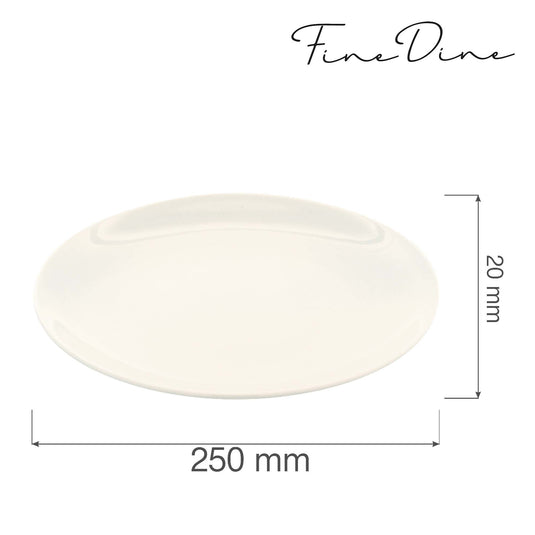 Rimless 250mm porcelain plate by Fine Dine, smooth surface with clean edges, ideal for modern dining presentation.