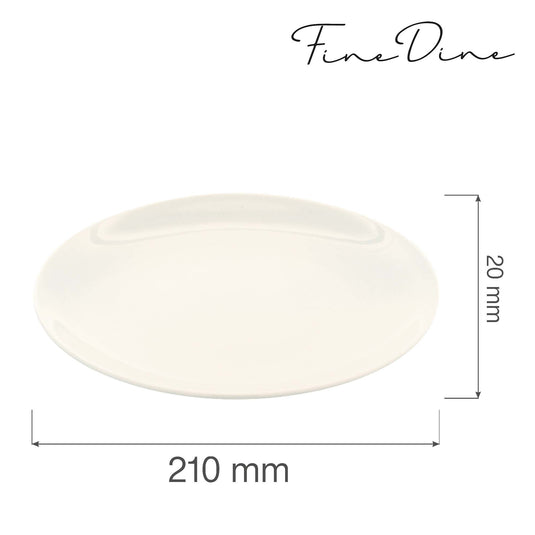 Fine Dine rimless 210mm plate with smooth edges, showcasing a clean, modern design perfect for elegant dining presentations.