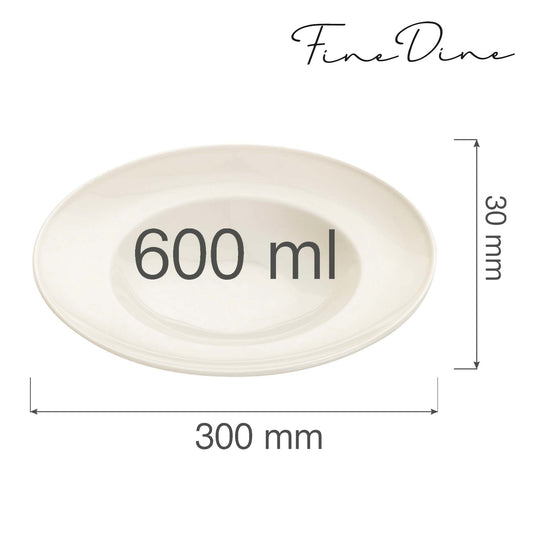 Fine Dine 300mm Crema pasta plate with elegant design and wide rim, ideal for serving pasta dishes.