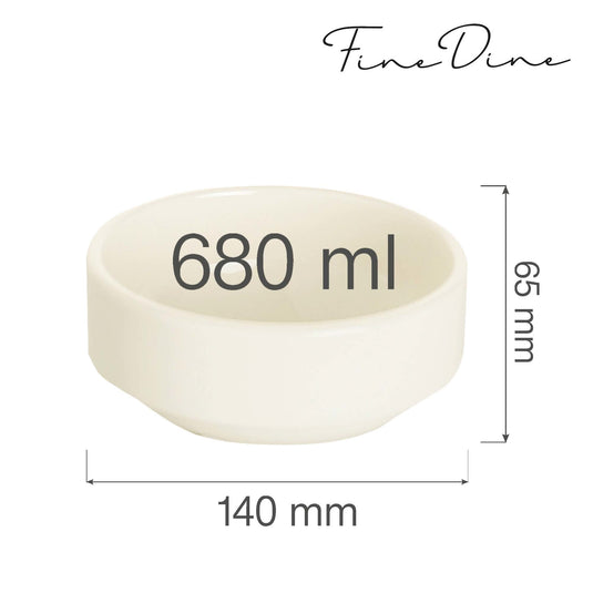 Stackable Crema bowl by Fine Dine, 140mm in diameter, shown stacked with other bowls, smooth ceramic finish, neutral color.