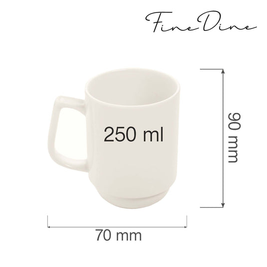 Stackable 250ml Crema mug by Fine Dine, showcasing its sleek design and stackable feature in a close-up shot.