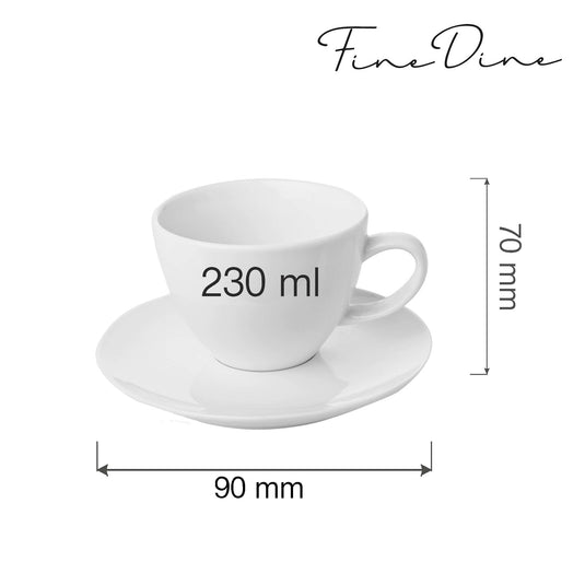 Fine Dine Bianco elegant 230ml cup with matching saucer, white ceramic tea or coffee cup set on a white background.