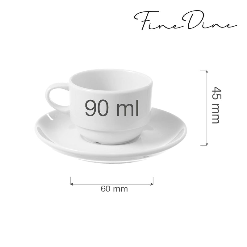 Load image into Gallery viewer, Fine Dine Bianco stackable cup with saucer, 90ml, showcasing a sleek white ceramic design with a matching saucer.
