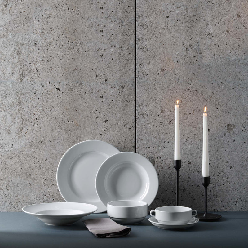 Load image into Gallery viewer, Fine Dine Bianco stackable cup with saucer, 90ml, showing the white ceramic cup and matching saucer stacked for storage.
