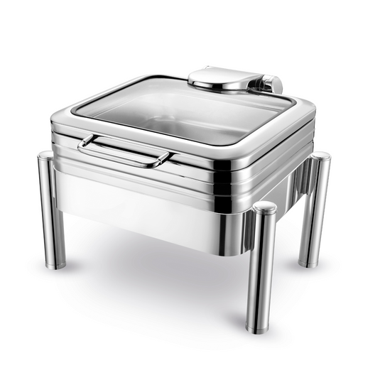 Fine Dine De Luxe chafing dish with glass cover and induction heater, GN 1/1, showcasing its elegant design and functional features.