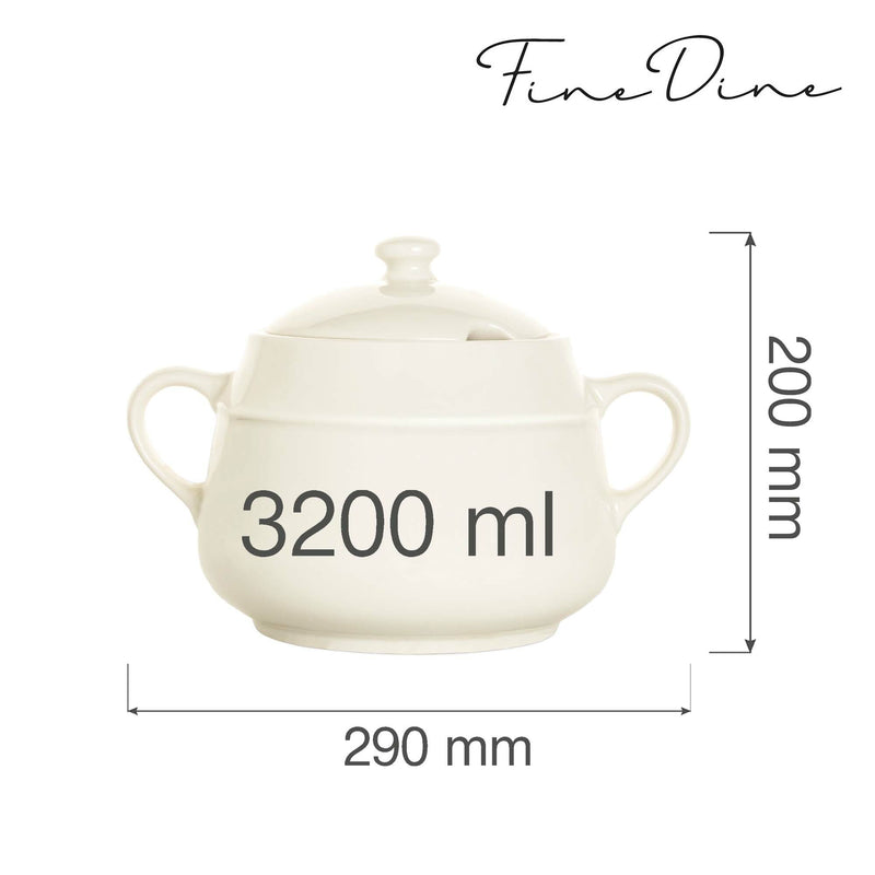 Load image into Gallery viewer, Fine Dine 3200ml cream soup tureen with lid, made of ceramic, featuring a classic design for serving hot soups.
