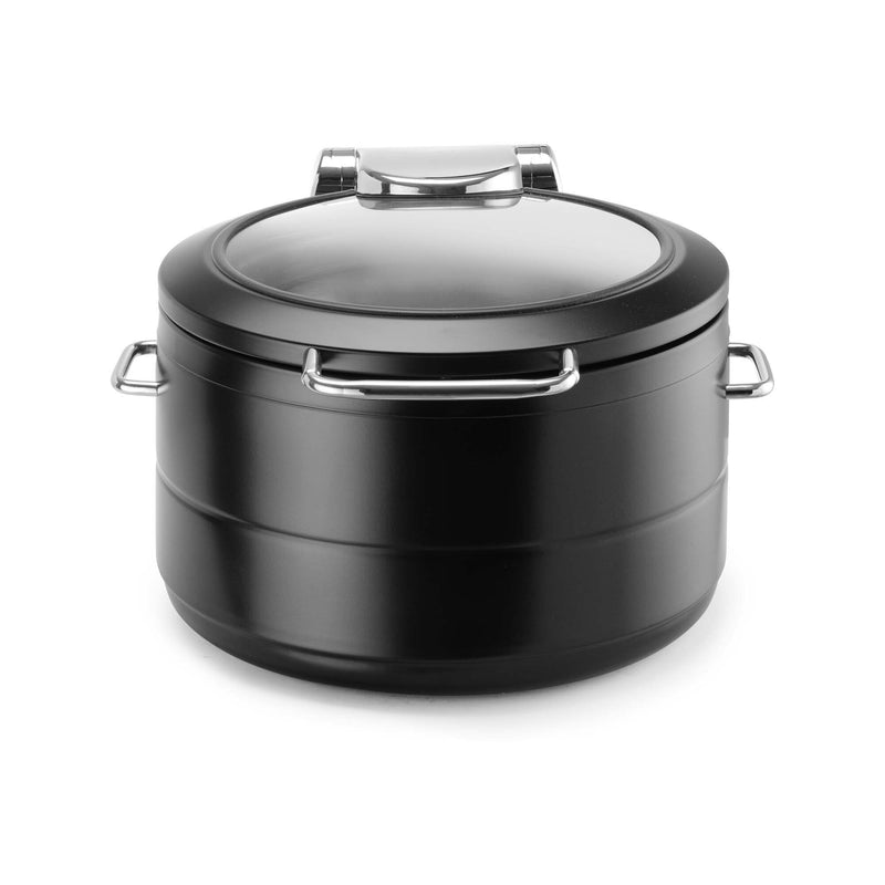 Load image into Gallery viewer, Fine Dine De Luxe Black Round Induction Chafing Dish with Glass Lid, 9L, showcasing its sleek design and durable construction.
