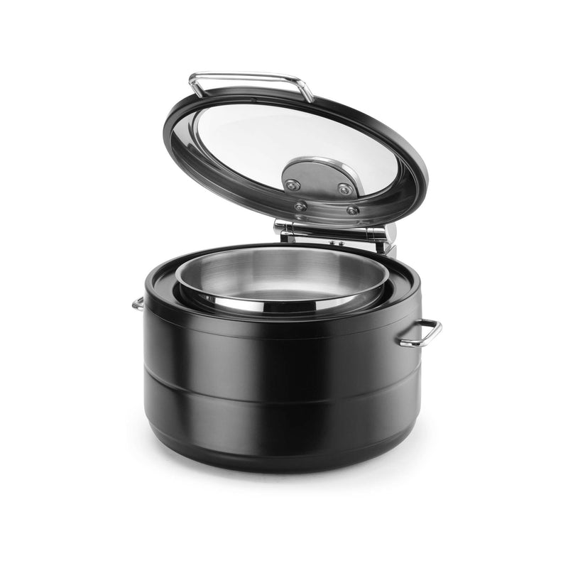 Load image into Gallery viewer, Fine Dine De Luxe black round induction chafing dish with glass lid, 9L, featuring a sleek design and durable construction for warming food.
