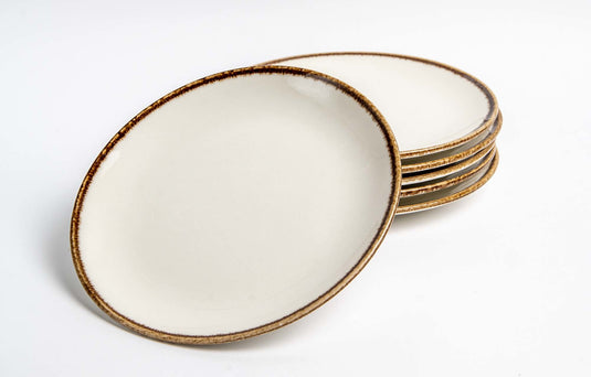 Fine Dine vanilla flat shallow plate, 300mm diameter, ceramic dinnerware used for serving appetizers or desserts.