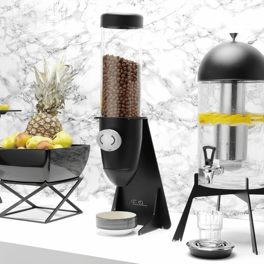 Fine Dine Skiatos black flake cereal dispenser, 5L, 220x140x635 mm, with a sleek black finish and easy-to-use dispensing mechanism.