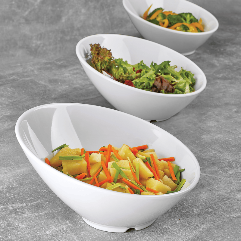 Load image into Gallery viewer, White melamine slanted bowl by Fine Dine, measuring 262x138mm, with a modern design and smooth surface.
