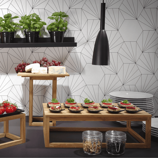 Black glass Vetro finger food rain drop dish by Fine Dine, 80x100mm, with a sleek, modern design perfect for serving small bites.