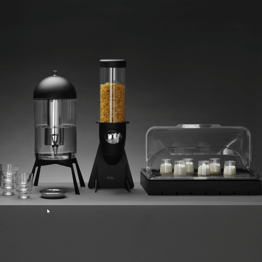 Fine Dine Skiatos black flake cereal dispenser, 5L, with a 220x140x635 mm sleek design for easy cereal dispensing.