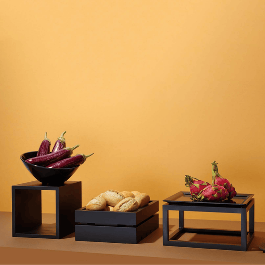 Black Madeira stand by Fine Dine, 220x220x220 mm, showing a sleek, sturdy stand with a smooth black finish and compact square shape.