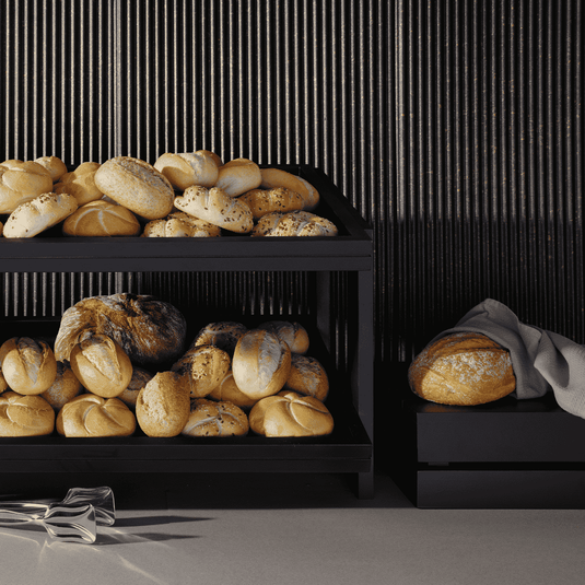 Madeira Black buffet tray GN 1/1 with 530x325x40 mm dimensions, made by Fine Dine, showing a sleek black serving tray.