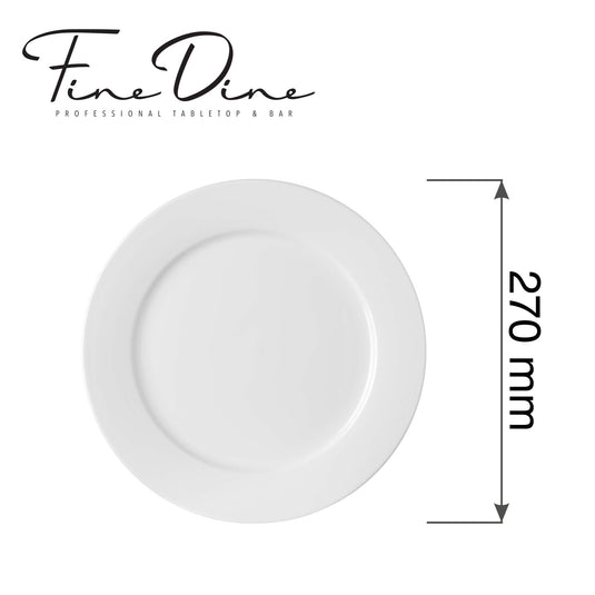 Fine Dine Pure Bianco flat plate, 270mm, showcasing a sleek white ceramic dinner plate with a smooth, modern design.