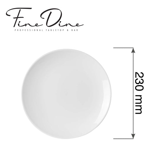 Fine Dine Pure Bianco flat plate without rim, 230mm, showcasing sleek white ceramic design perfect for serving dishes.