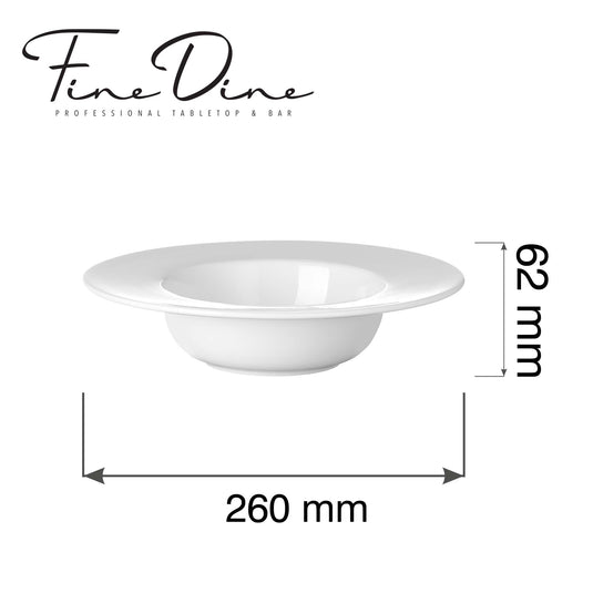 Fine Dine Pure Bianco pasta plate, 260mm, white ceramic dinnerware with a smooth finish and elegant design.