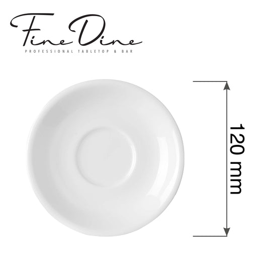 Stackable Pure Bianco espresso cup saucer by Fine Dine, 120mm, with smooth white ceramic surface and classic round design.
