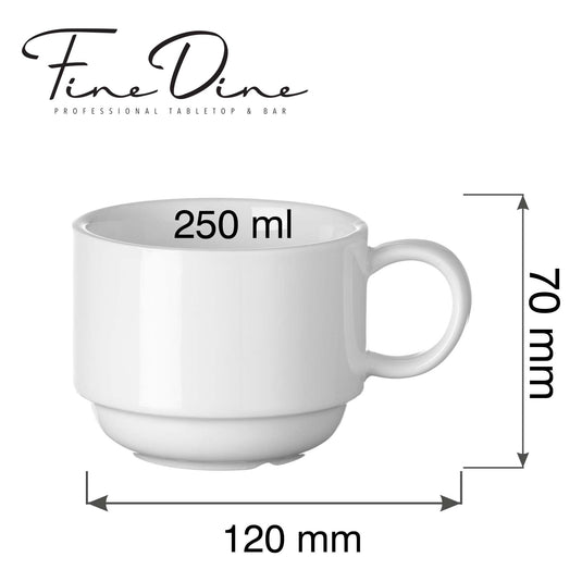 Stackable 250ml Pure Bianco cappuccino cup by Fine Dine, showcasing its elegant design and stackable feature for coffee serving.
