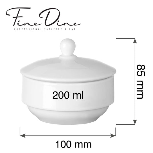 Fine Dine Pure Bianco sugar bowl, 200ml, white ceramic with a simple lid and handle for serving sugar.