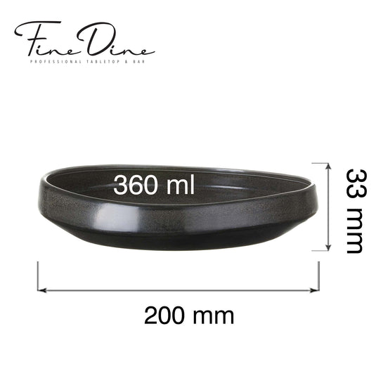 Fine Dine Onyx gourmet plate, 200mm, showcasing a sleek black ceramic surface perfect for elegant dining presentations.