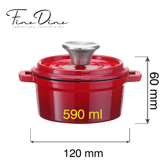 Red enamelled cast iron casserole pot by Fine Dine, single portion size, 120mm, ideal for appetizers or small dishes.