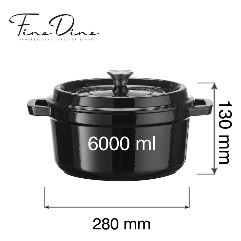 Load image into Gallery viewer, Black enamelled cast iron casserole by Fine Dine, 280mm, ideal for kitchen or buffet use, showcasing a sturdy, glossy finish.

