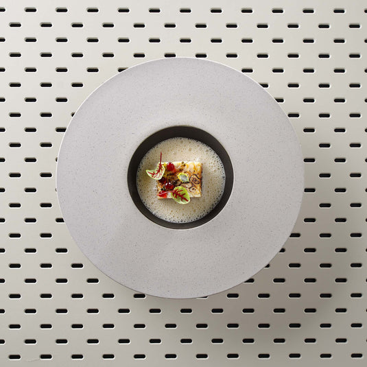 Fine Dine Takumi deep plate with wide rim, 300mm, showcasing a ceramic plate with a broad rim and elegant design.